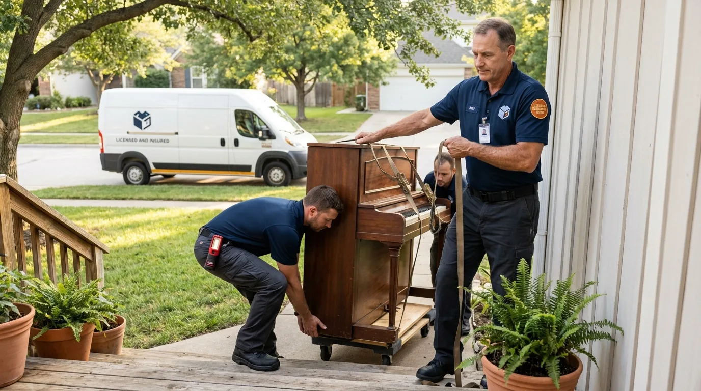 Licensed piano movers securing grand piano in Union, WV
