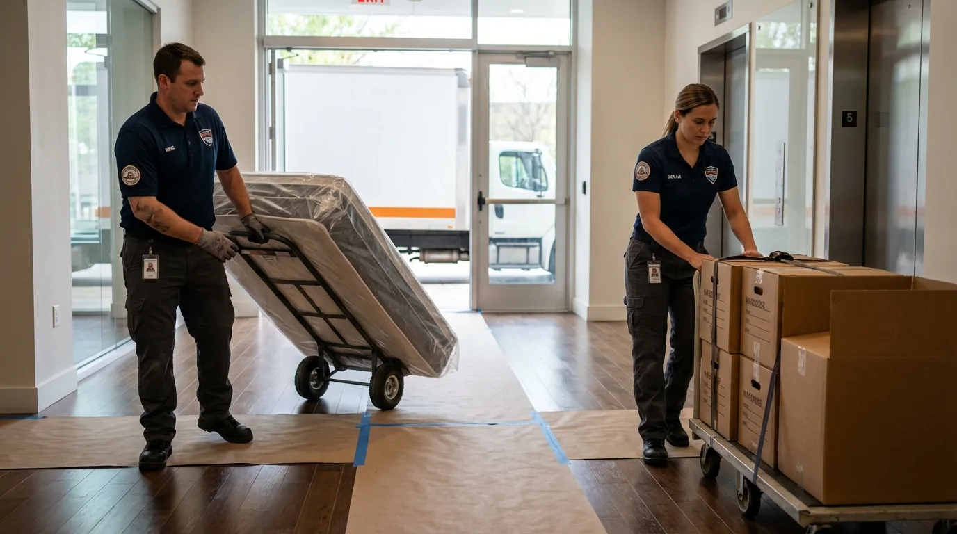 Professional apartment movers loading elevator in Union, WV